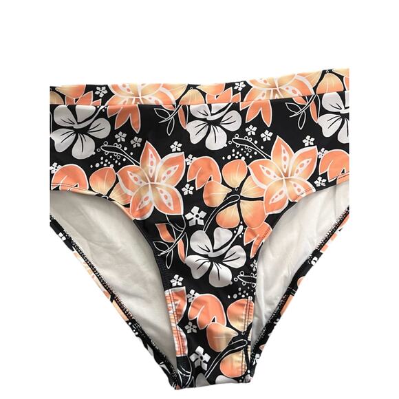 Swim Suit Women’s Size Medium 2 Piece Floral Print Orange Black U Neck Like New - Picture 5 of 7